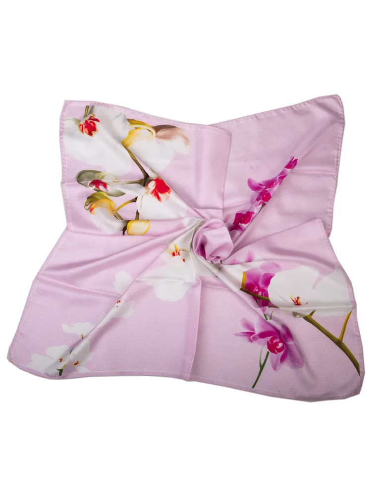 Pink twill silk satin foulard scarf with fuchsia orchids Pink twill silk satin foulard scarf with fuchsia orchids