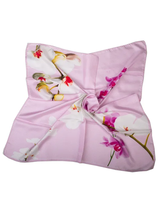 Pink twill silk satin foulard scarf with fuchsia orchids Pink twill silk satin foulard scarf with fuchsia orchids