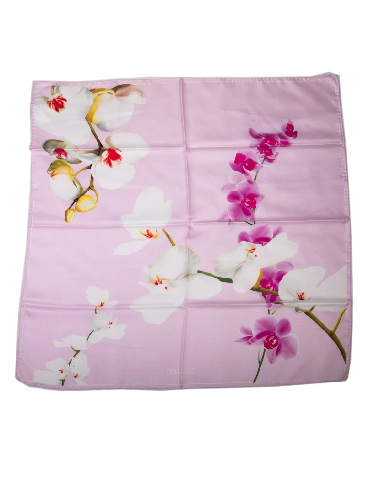 Pink twill silk satin foulard scarf with fuchsia orchids