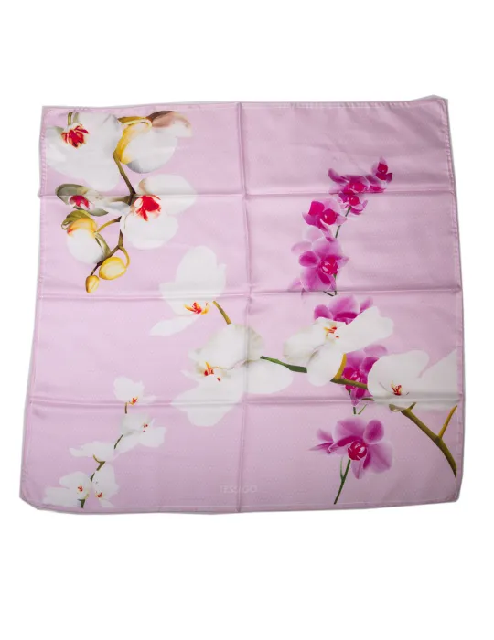 Pink twill silk satin foulard scarf with fuchsia orchids