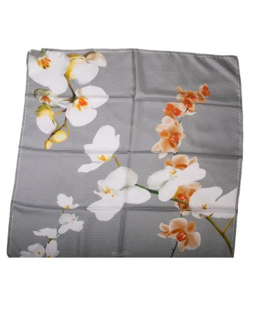 Pearl grey twill silk satin foulard square scarf with sand orchids 2