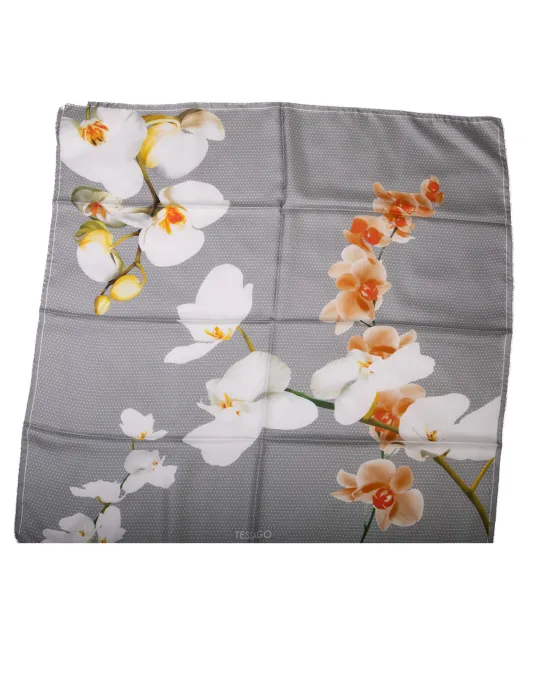 Pearl grey twill silk satin foulard square scarf with sand orchids