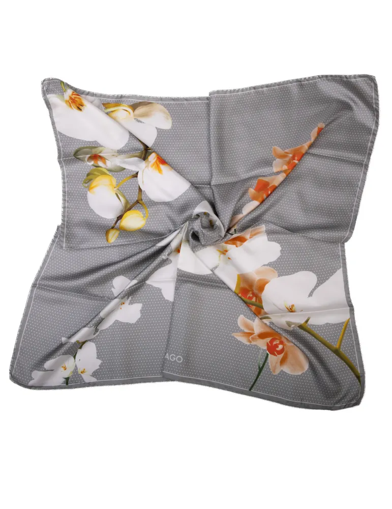 Pearl grey twill silk satin foulard scarf with sand orchids Pearl grey twill silk satin foulard scarf with sand orchids