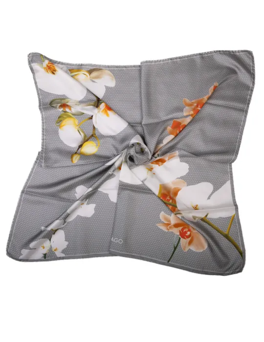 Tessago 2024 | Foulard carrè in raso di seta grigio fantasia orchidee Tessago 2024 | Foulard carrè in raso di seta grigio fantasia orchidee