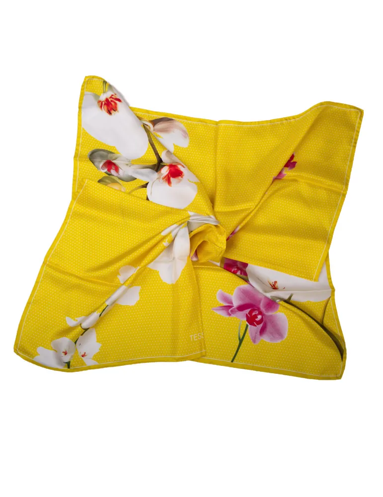 Yellow twill silk satin foulard square scarf with fuchsia orchids Yellow twill silk satin foulard square scarf with fuchsia orchids