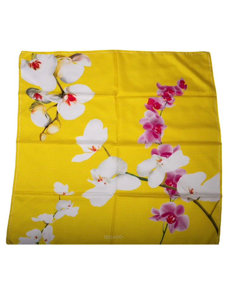 Yellow twill silk satin foulard scarf with fuchsia orchids
