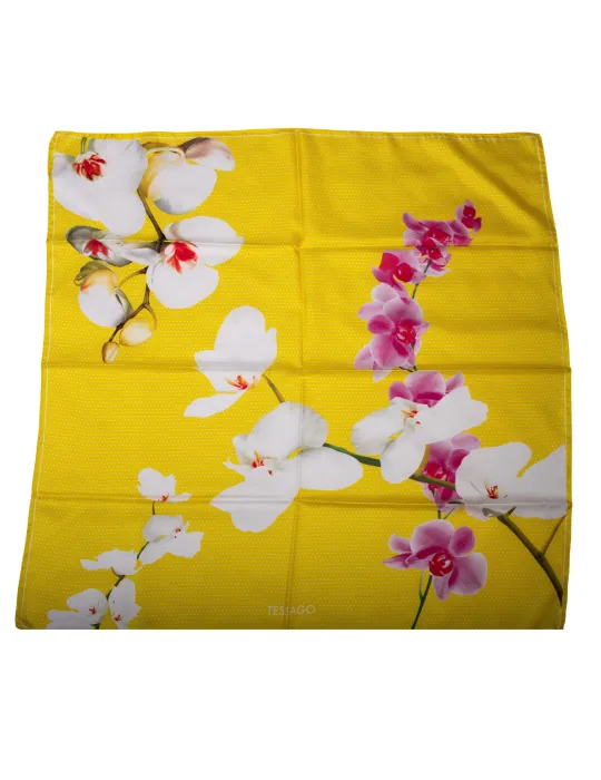 Yellow twill silk satin foulard scarf with fuchsia orchids