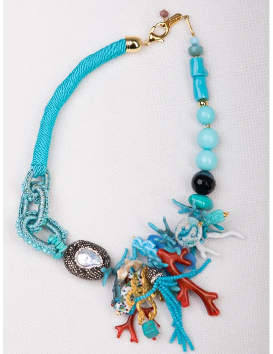 Turquoise stones and pearls silk necklace | Italian Handmade jewels
