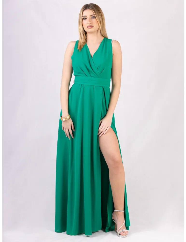 Casting Emerald green long cross-over dress with side slit