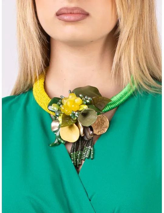 Handmade yellow and green rigid short necklace with flower Handmade yellow and green rigid short necklace with flower