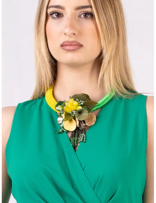 Handmade yellow and green rigid short necklace with flower