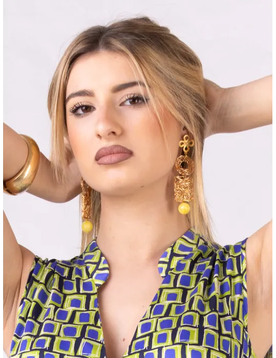Shiny golden filigree long yellow earrings