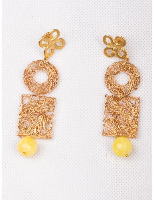 Shiny golden filigree long yellow earrings