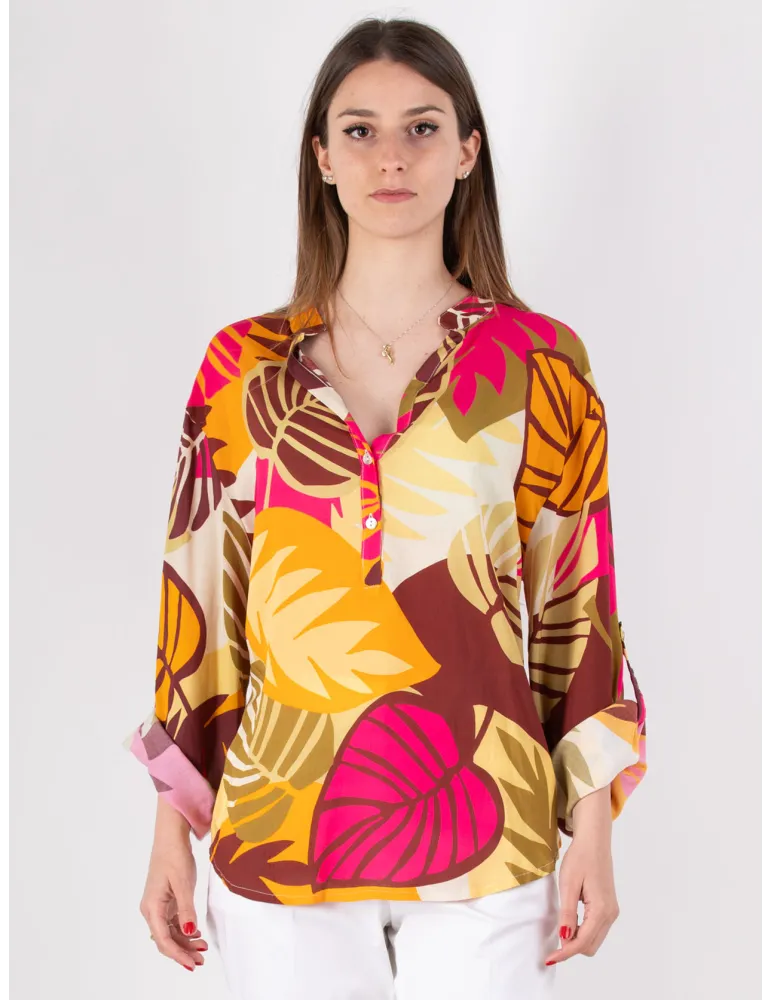 Rubamori Milano | Plus size fuchsia tropical printed kaftan shirt