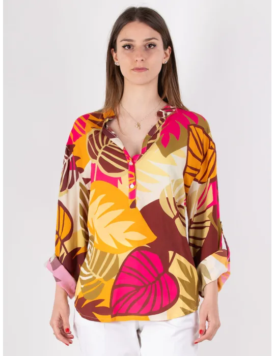 Rubamori Milano | Plus size fuchsia tropical printed kaftan shirt