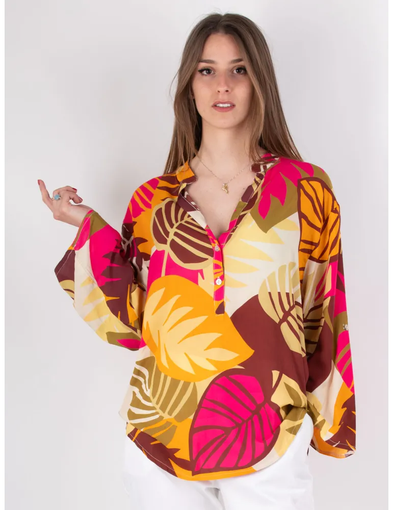 Camicia caftano in viscosa fantasia tropicale Rubamori