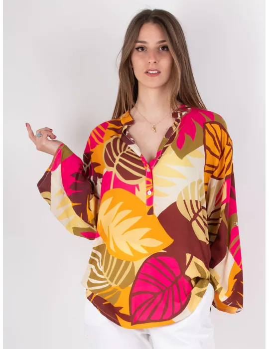 Rubamori Milano | Plus size fuchsia tropical printed kaftan shirt