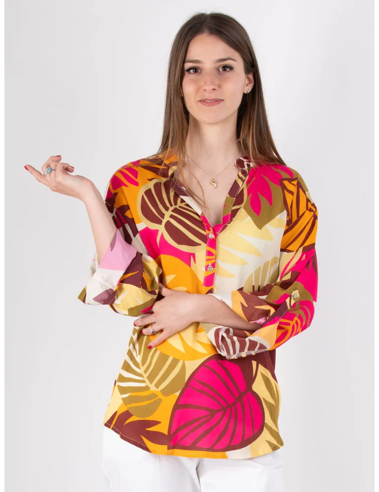 Camicia caftano in viscosa fantasia tropicale Rubamori