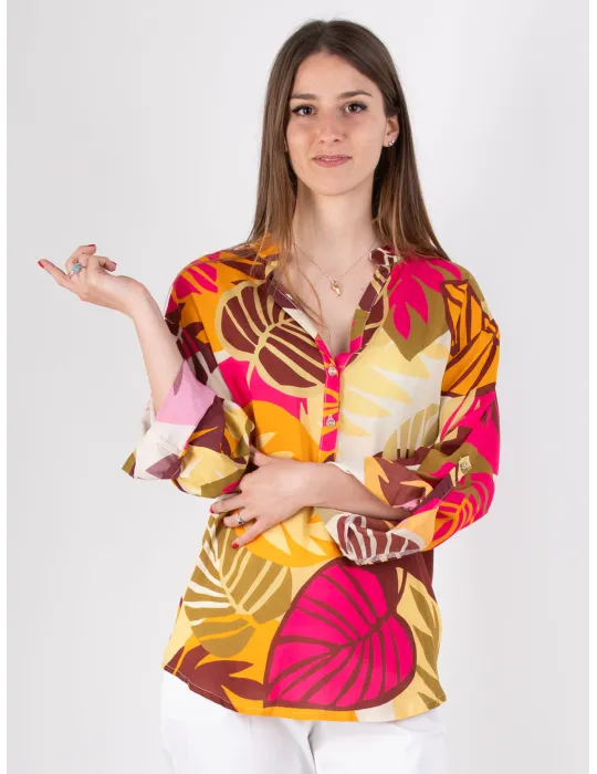 Rubamori Milano | Plus size fuchsia tropical printed kaftan shirt