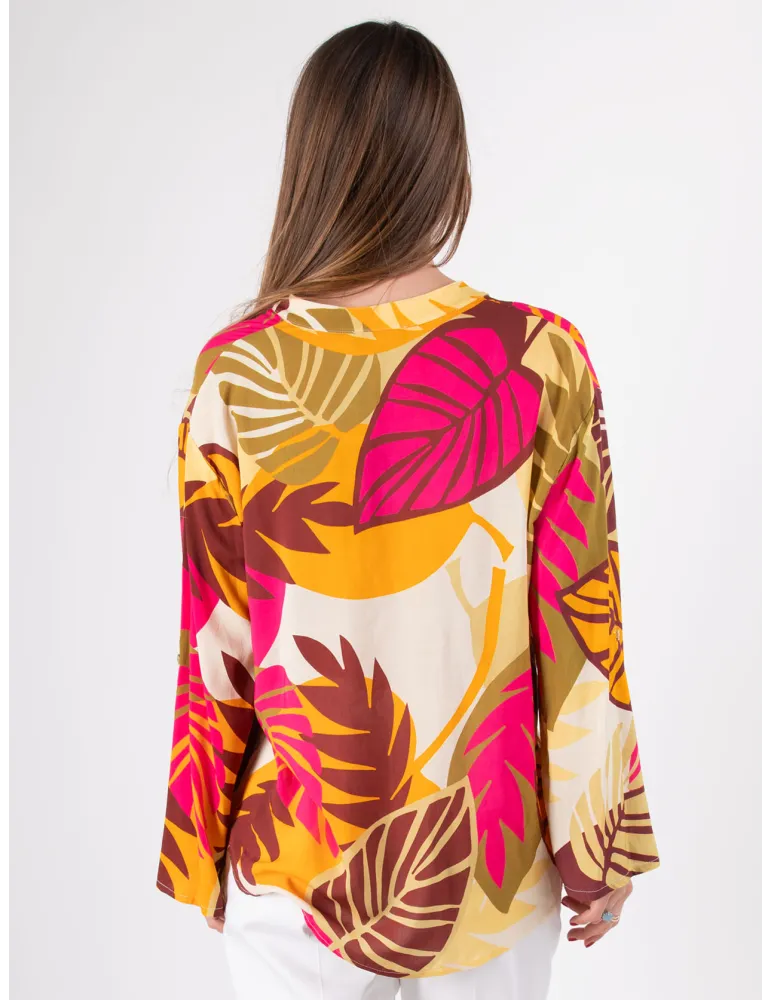 Rubamori Milano | Plus size fuchsia tropical printed kaftan shirt