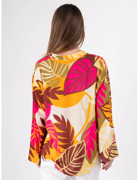 Rubamori Milano | Plus size fuchsia tropical printed kaftan shirt