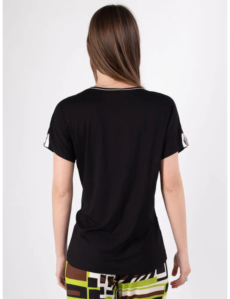 Rubamori Milano | Plus size black kimono t-shirt with white profiles