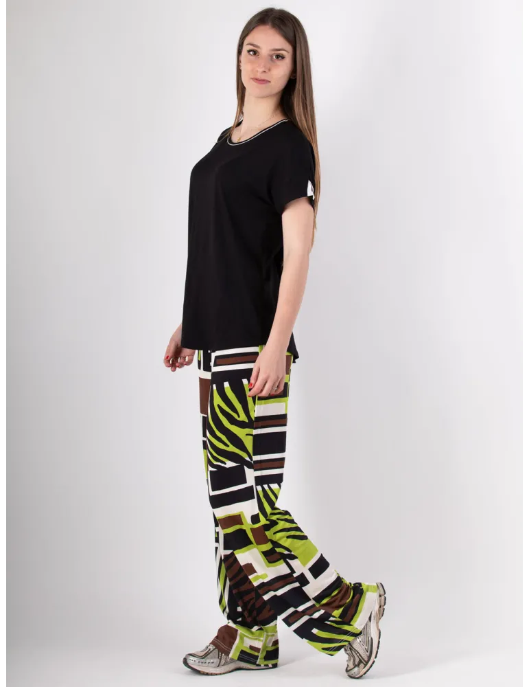 Rubamori Milano | Plus size black kimono t-shirt with white profiles