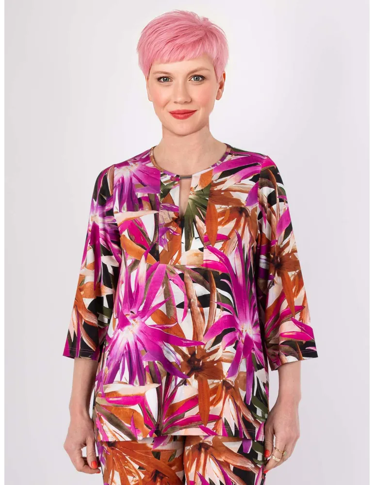 Blusa caftano fucsia disegno tropicale | Tessuti naturali | Rubamori Blusa caftano fucsia disegno tropicale | Tessuti naturali | Rubamori