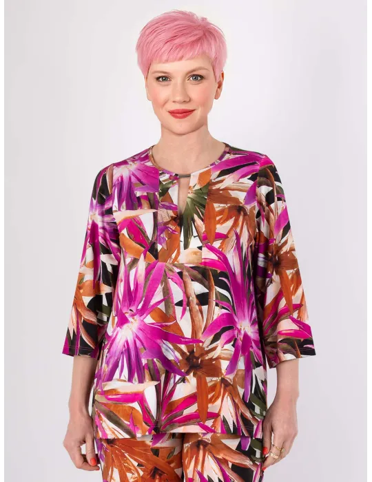 Blusa caftano fucsia disegno tropicale | Tessuti naturali | Rubamori Blusa caftano fucsia disegno tropicale | Tessuti naturali | Rubamori