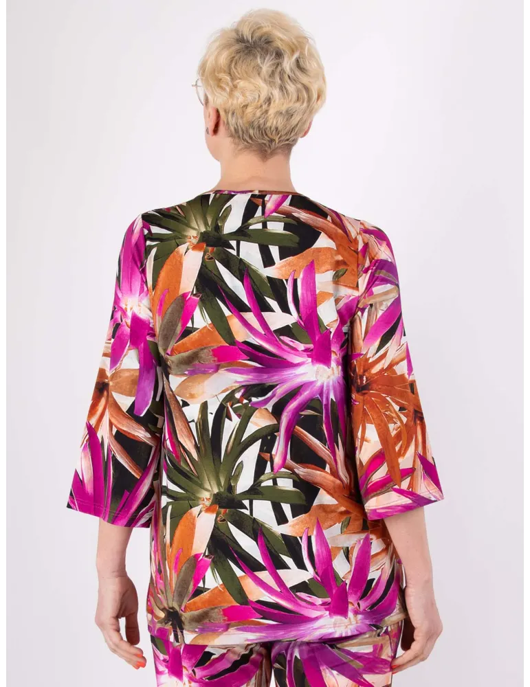 Blusa caftano fucsia disegno tropicale | Tessuti naturali | Rubamori