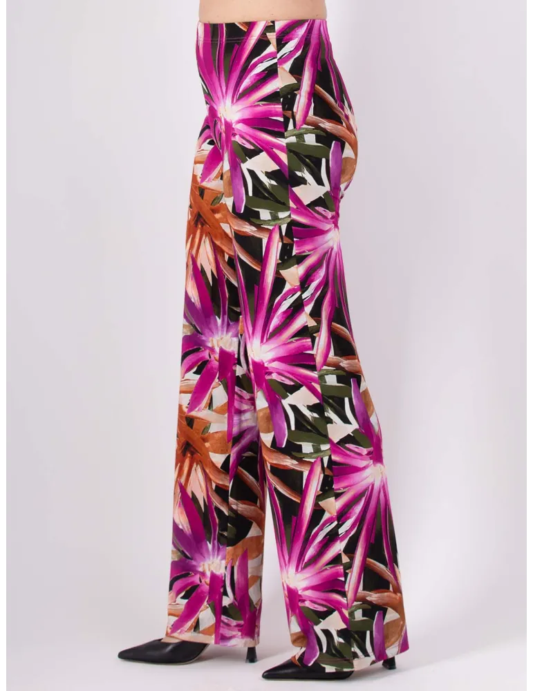 Bright tropical leaves printed wide palazzo trousers