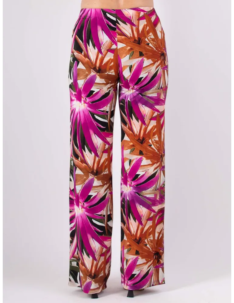 Bright tropical leaves printed wide palazzo trousers
