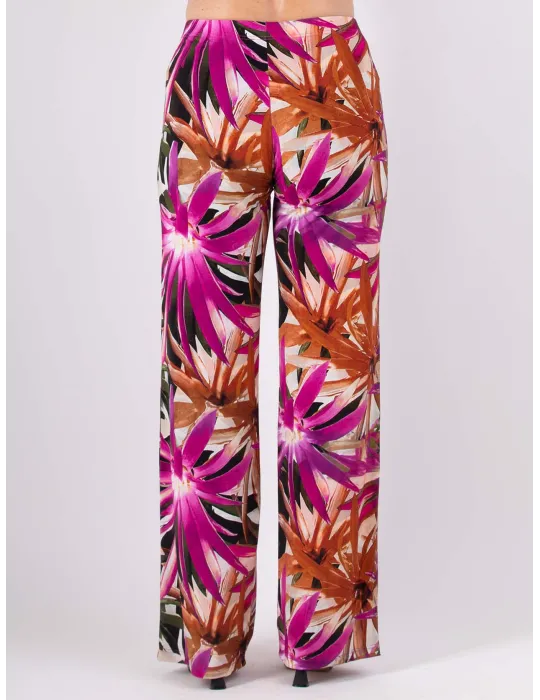 Bright tropical leaves printed wide palazzo trousers
