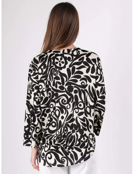 Blusa kaftano in viscosa fantasia panna e nero Rubamori