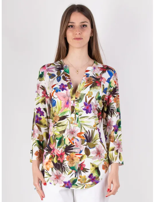 Bright colours tropical flowers printed caftan blouse shirt Bright colours tropical flowers printed caftan blouse shirt