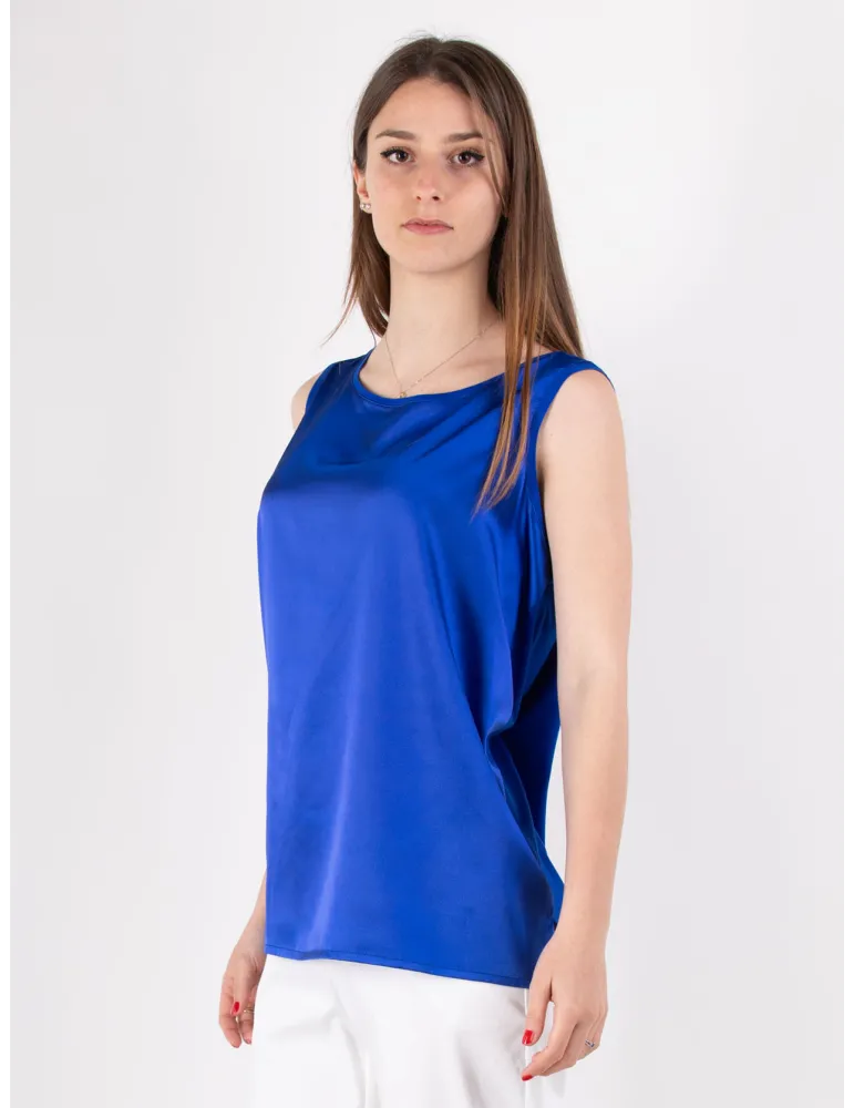 Rubamori solid bright royal blue silk satin sleeveless top