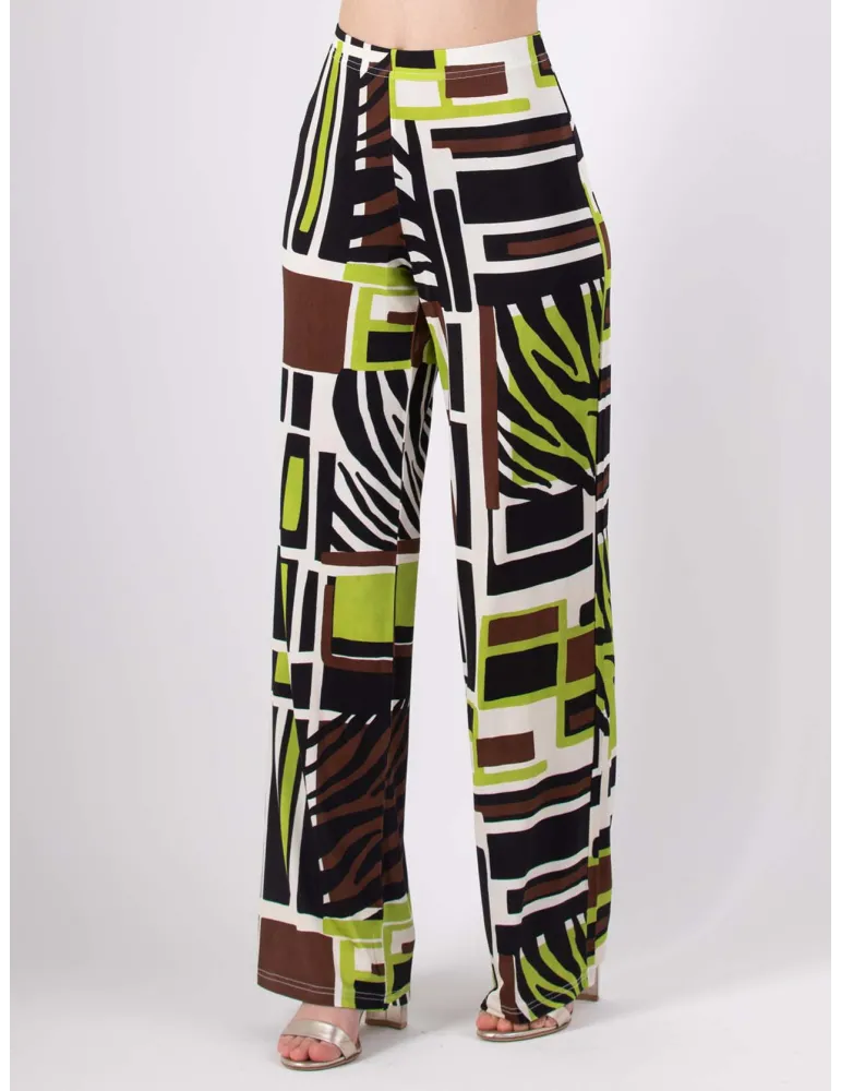 Pantaloni palazzo in jersey fantasia safari marrone e lime Rubamori