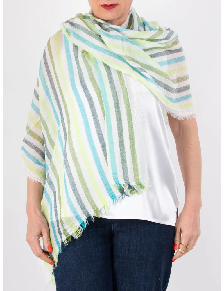 Rubamori Grey turquoise lime striped cotton white scarf fully fringed