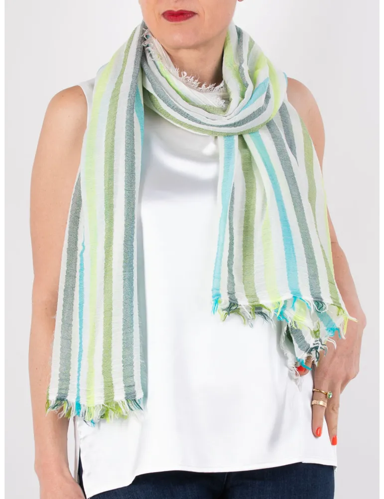 Rubamori Grey turquoise lime striped cotton white scarf fully fringed Rubamori Grey turquoise lime striped cotton white scarf fully fringed