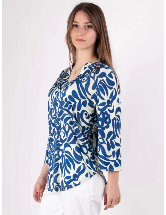 Blusa kaftano in viscosa fantasia panna e azzurro Rubamori Blusa kaftano in viscosa fantasia panna e azzurro Rubamori