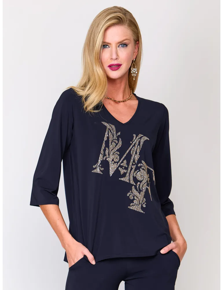 Dark blue viscose blouse with crystals front embroidery Dark blue viscose blouse with crystals front embroidery