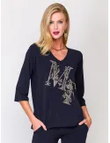 Dark blue viscose blouse with crystals front embroidery