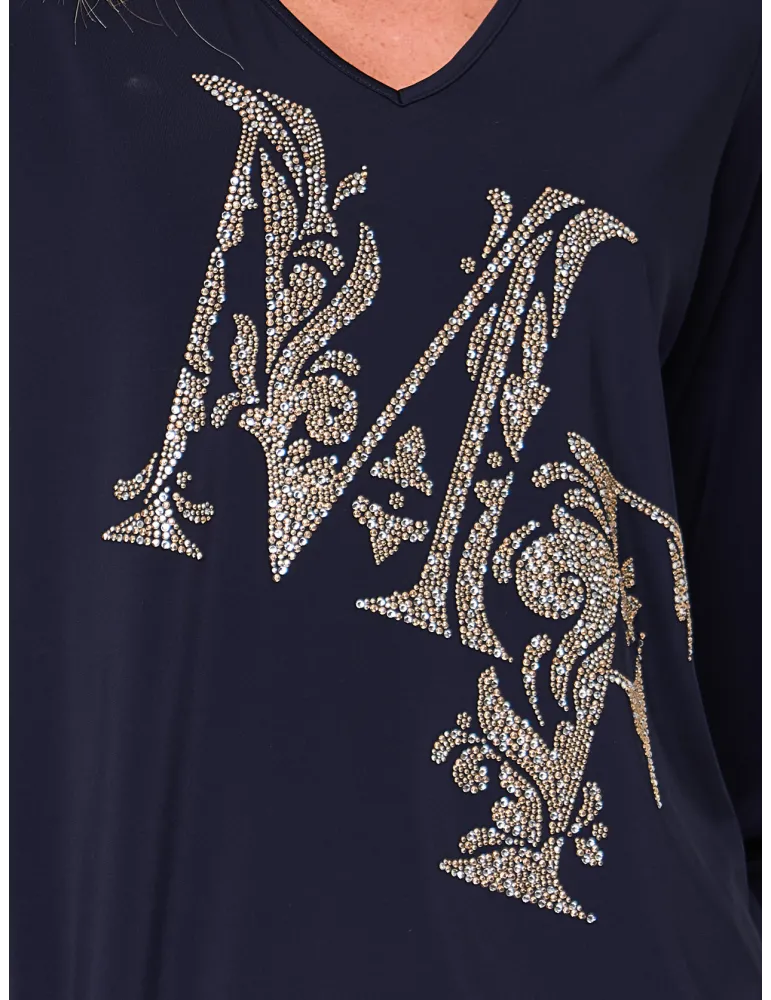 Dark blue viscose blouse with crystals front embroidery