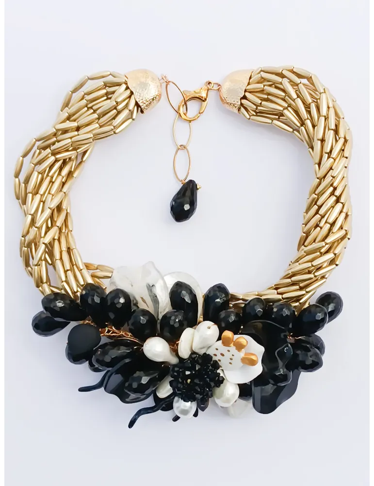 Golden Choker Necklace with black and white Flower
