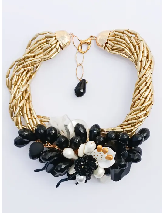 Golden Choker Necklace with black and white Flower Golden Choker Necklace with black and white Flower