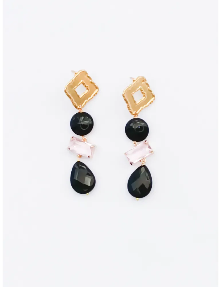 Golden dangling Pink and black crystals long earrings | Italian bijoux