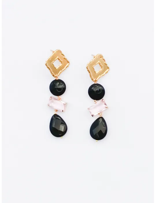 Golden dangling Pink and black crystals long earrings | Italian bijoux Golden dangling Pink and black crystals long earrings | Italian bijoux