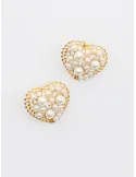 Gold heart-shaped earrings with pearls and rhinestones
