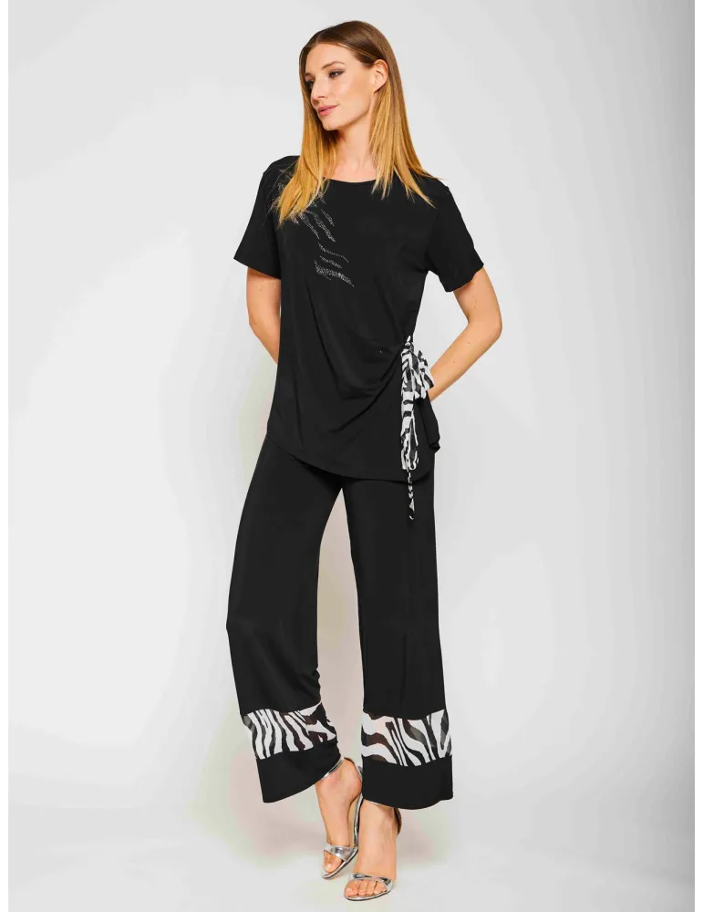 Francesca Mercuriali Black Pants Set with Zebra Silk & Crystals Francesca Mercuriali Black Pants Set with Zebra Silk & Crystals