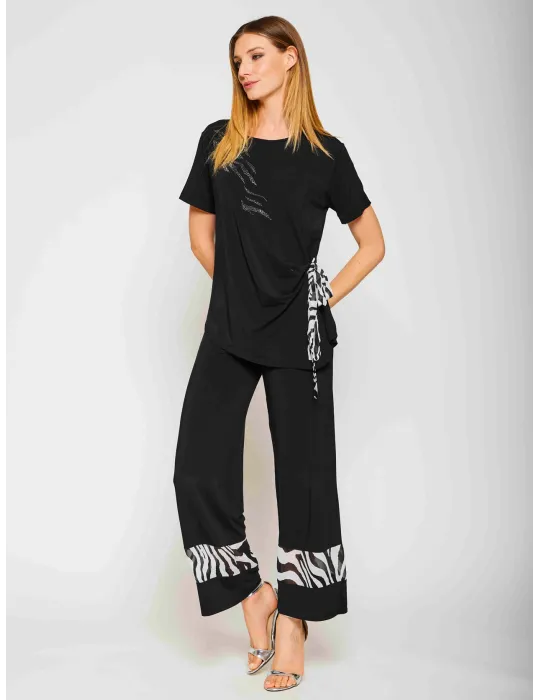 Francesca Mercuriali Black Pants Set with Zebra Silk & Crystals Francesca Mercuriali Black Pants Set with Zebra Silk & Crystals